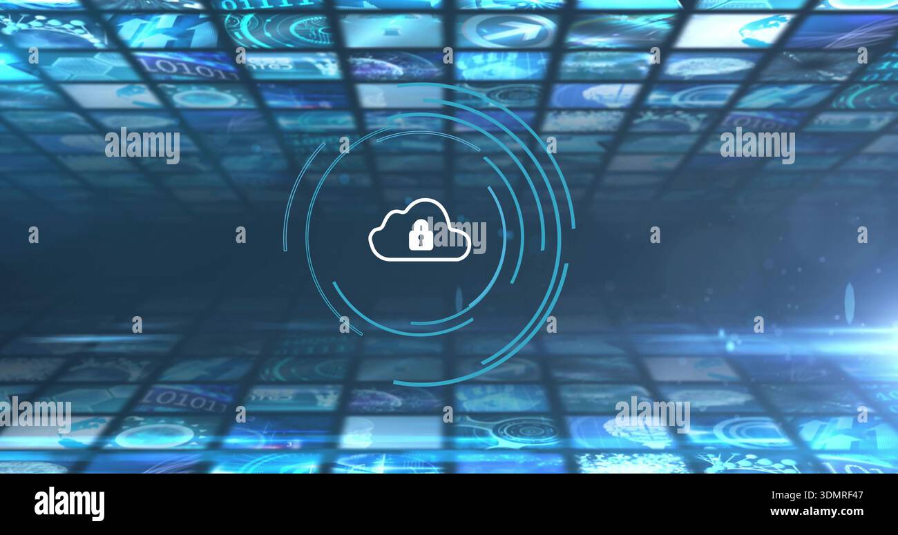 Glowing cloud with padlock floating in data tunnel, showing rings, binary globes, flare, particles Stock Photo