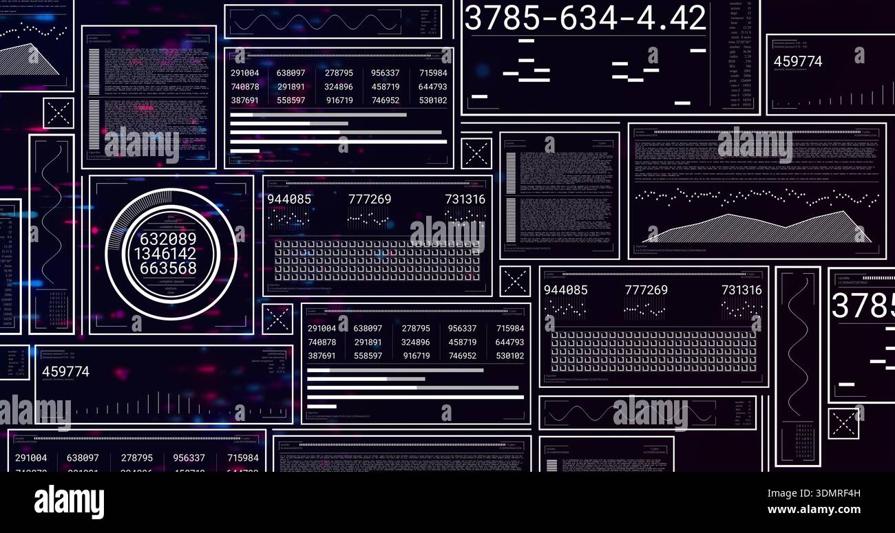 Displaying tiled data panels centered on dark starfield backdrop, showing circular gauge and logs Stock Photo