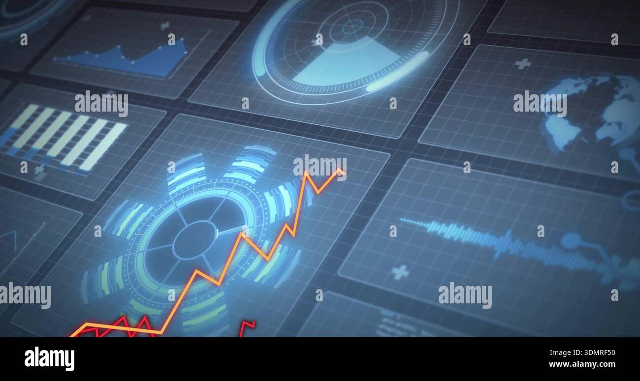 Displaying glowing circular HUD with concentric rings on analytics dashboard, orange zigzag overlay Stock Photo