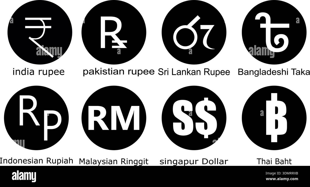 Black circular vector icons with white Asian currency symbols including ...