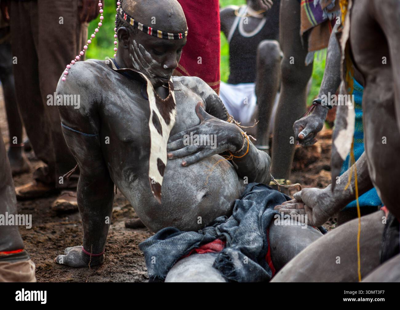 Bodi tribe men putting ashes during Kael cceremony, Omo Valley, Hana ...
