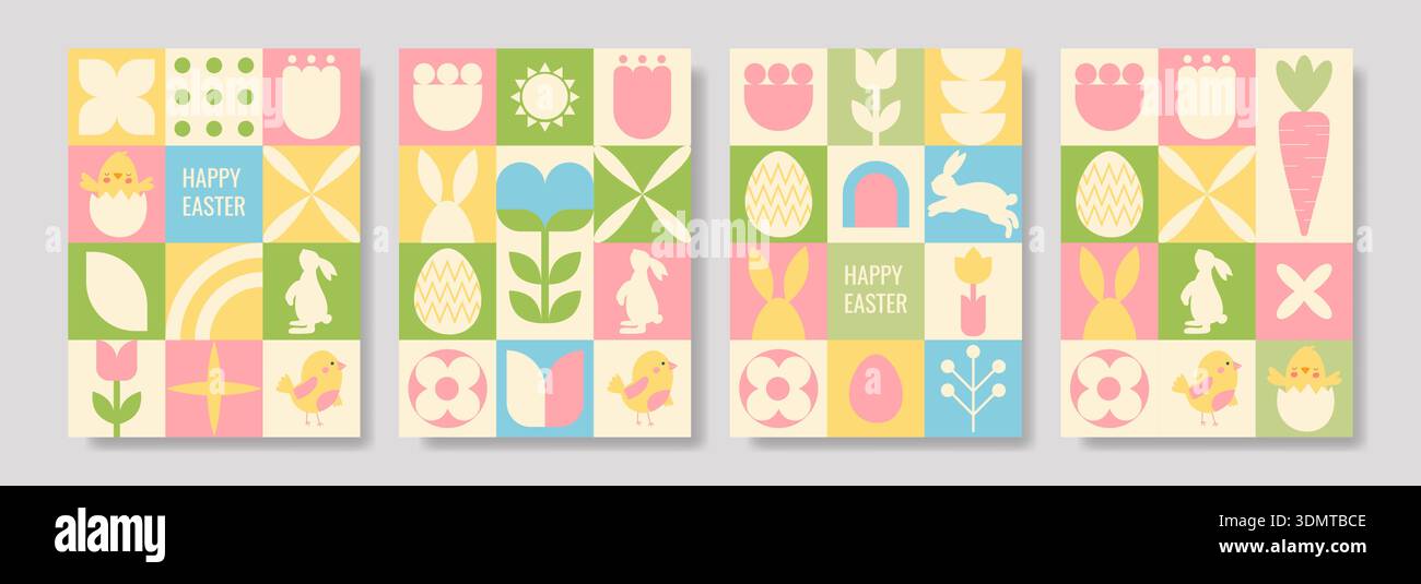 Four geometric Easter posters featuring vibrant patterns and symbols Stock Vector