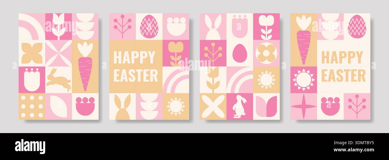 Four geometric posters featuring Easter themes and vibrant colors Stock Vector