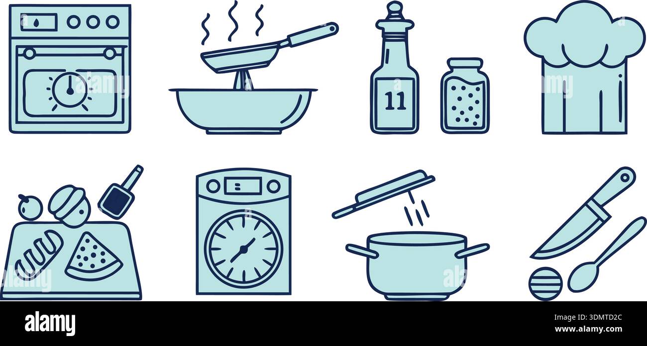 A collection of cooking related icons in line art style. Transparent ...