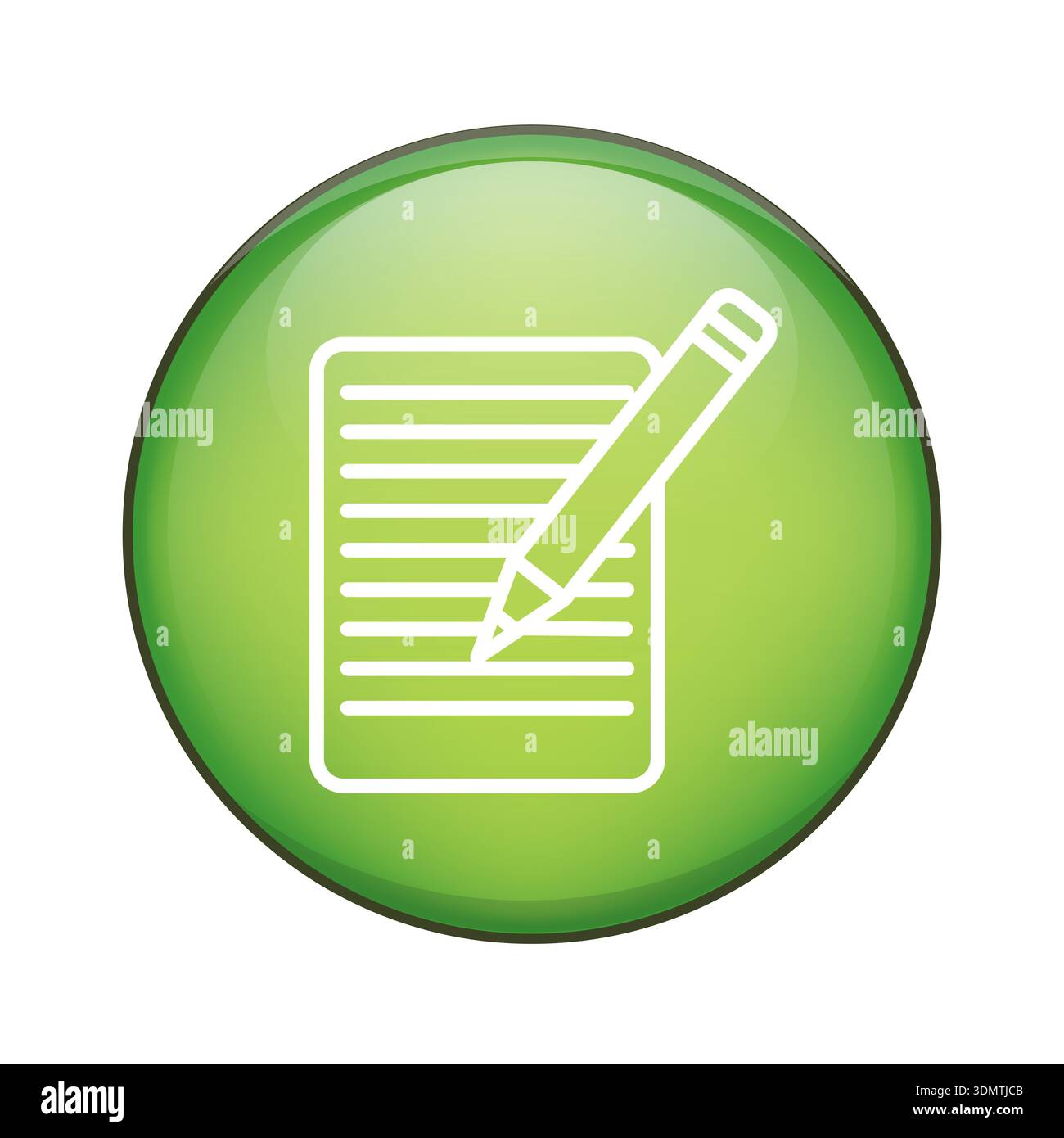Writing notes symbol. Edit content icon. Pencil document Vector image. Green glossy button. Stock Vector