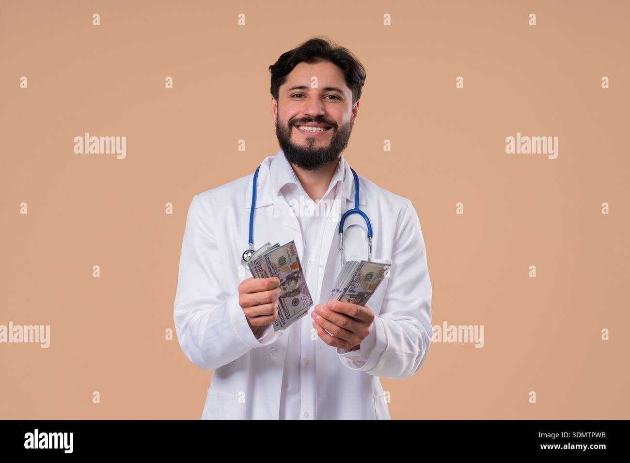 Rich Doctor Man Counting Usd Money. Handsome Medical Health Care Worker, Dollars Stock Photo
