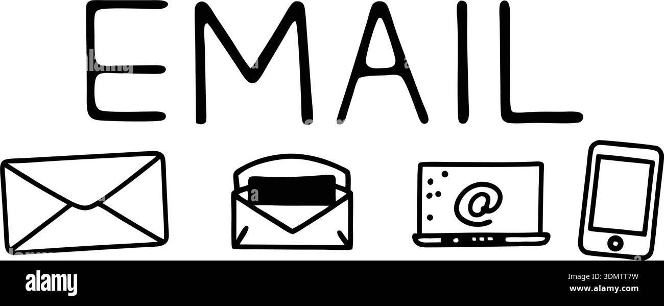 This graphic features hand-drawn email icons, including an envelope ...