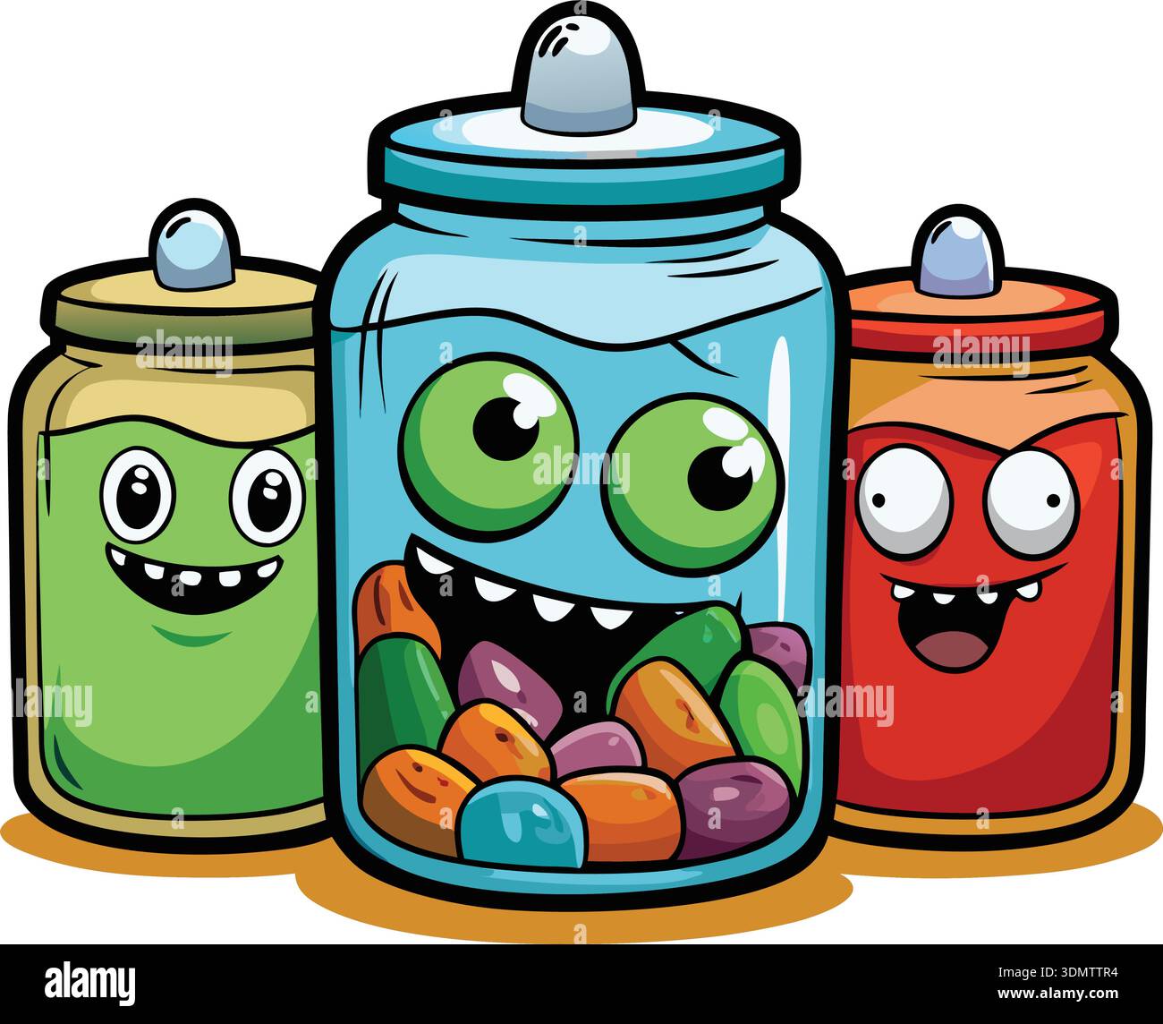 Three cartoon jars with faces filled with candy. The transparent ...