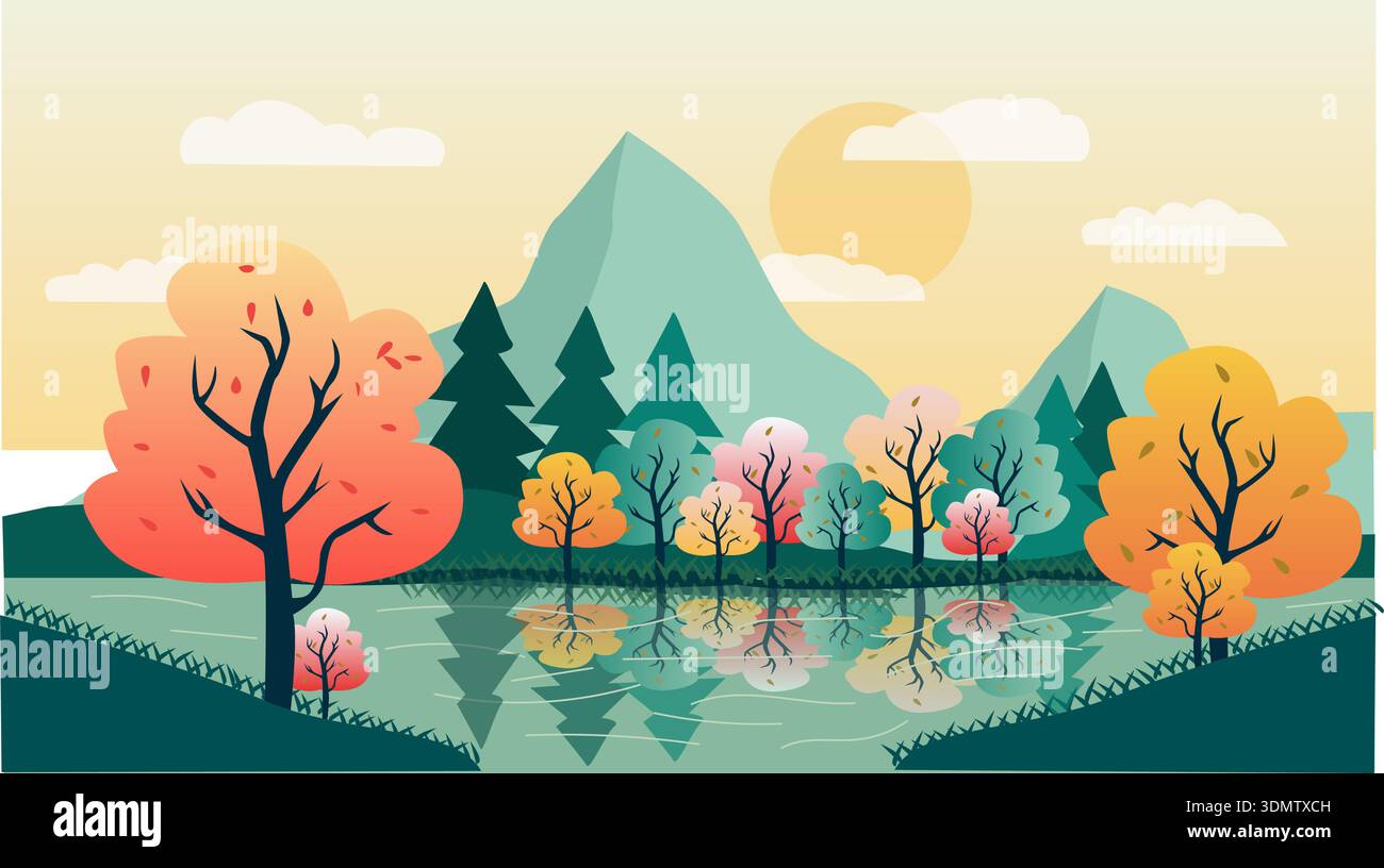 Fall trees and their reflection on lake Stock Vector Images - Alamy