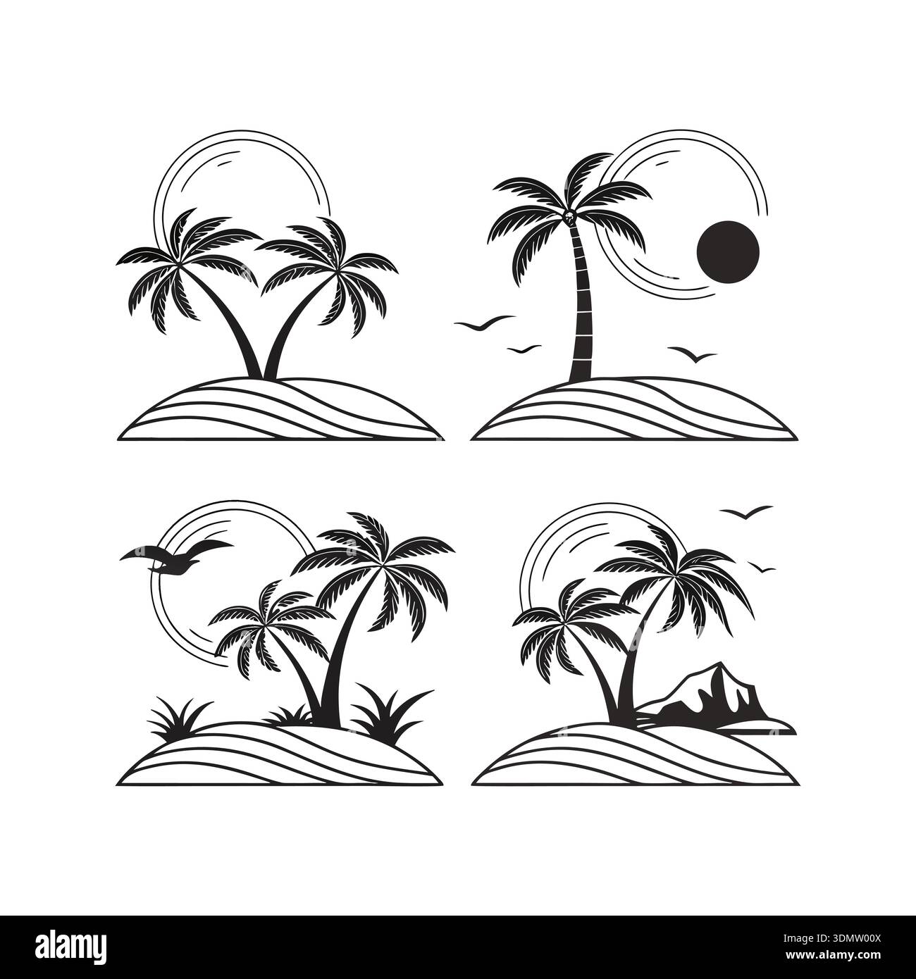 Tropical Palm Tree Island Silhouette Vector Set Stock Vector Image ...
