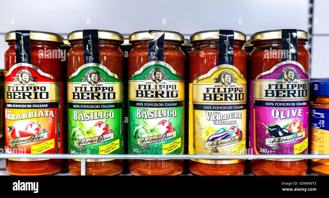 Samara, Russia - May 31, 2025: Filippo Berio sauces in glass jars on the shelf in a superstore Stock Photo