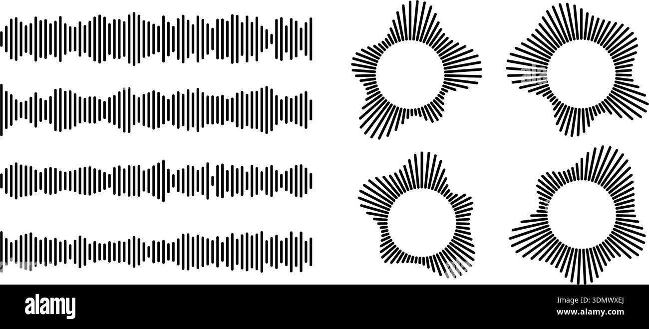 Audio waveform set with radial burst patterns and horizontal frequency lines. Stock Vector