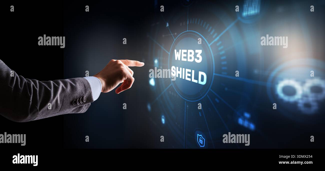 Web3 Shield, Cybersecurity, Advanced Web3 shield technology with blockchain protection protocols. Stock Photo