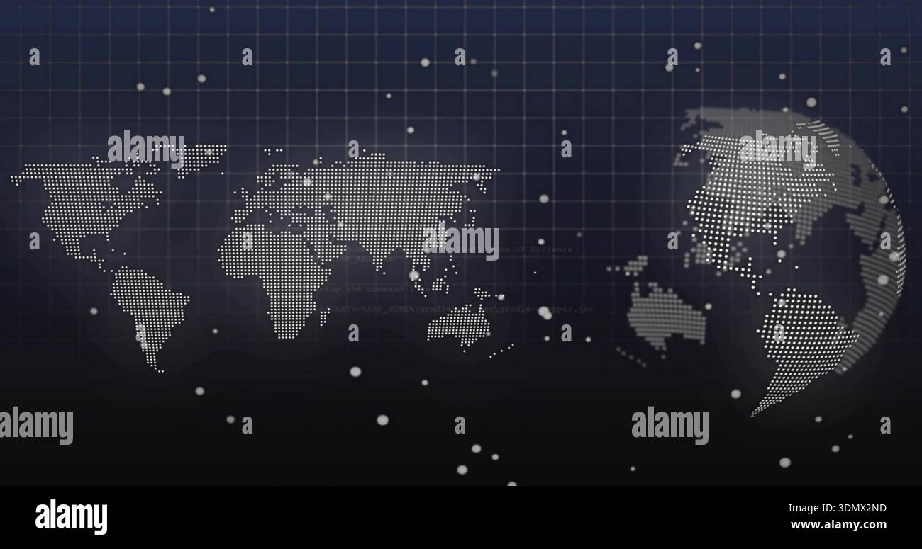 Displaying stylized dotted world map and 3D globe on virtual dashboard, with grid overlay Stock Photo