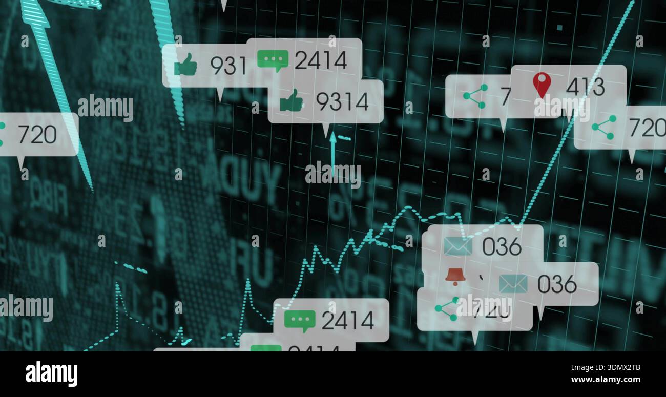 Displaying teal analytics dashboard with glowing line chart callouts badges icons ticker data bars Stock Photo