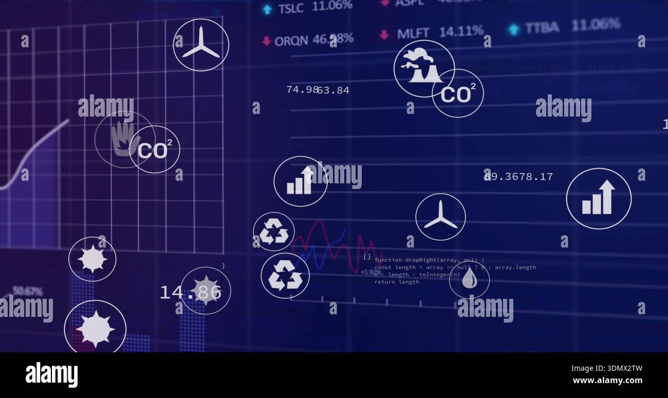 Displaying data dashboard on-screen, showing grid chart with rising line, numeric readouts, code Stock Photo