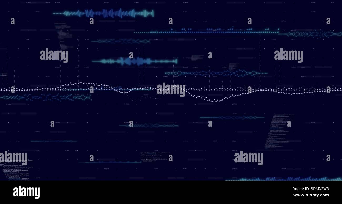 Displaying central white dotted waveform undulating across dark digital dashboard, with teal waves Stock Photo