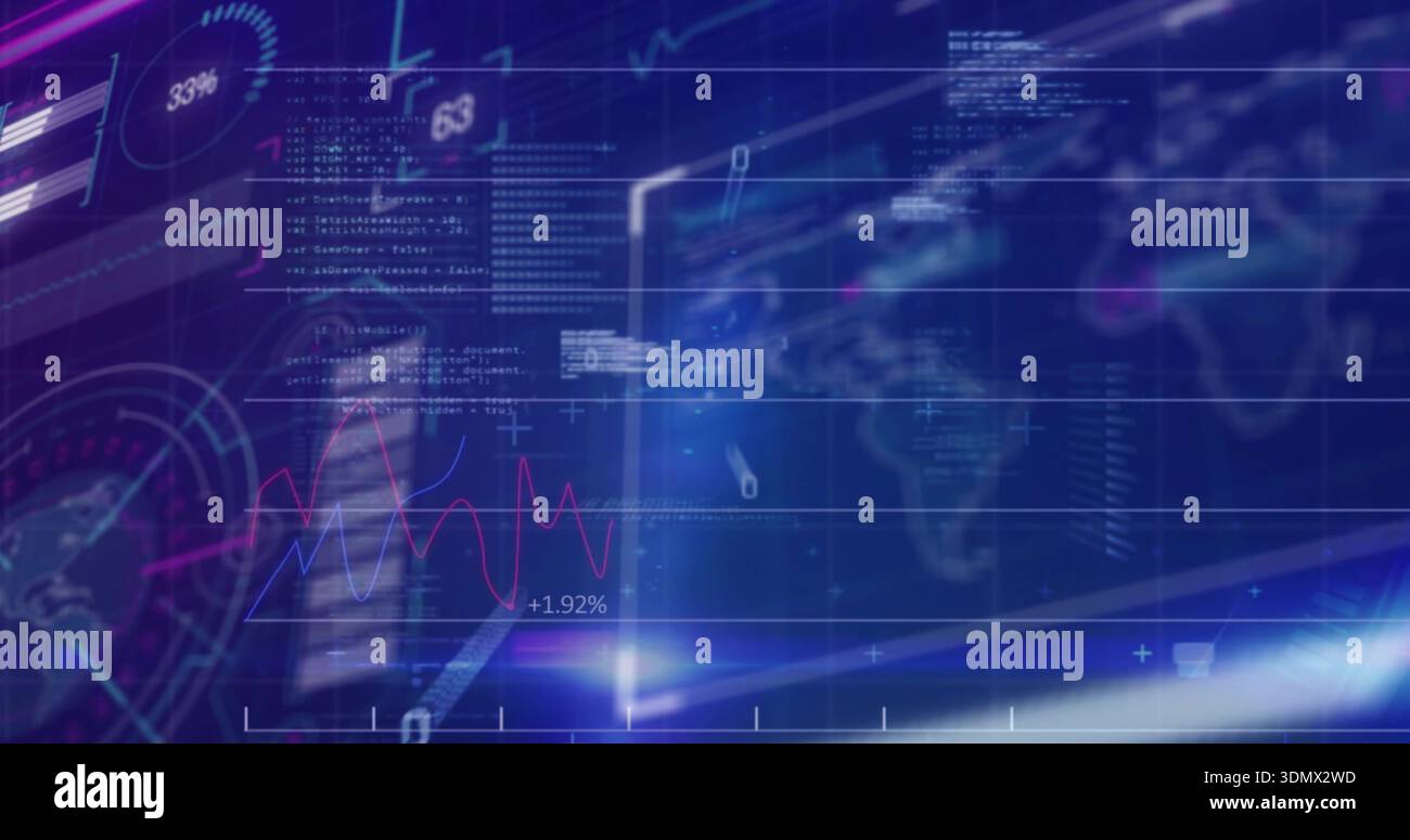 Displaying futuristic HUD on virtual analytics screen, showing world map, radar, 33% progress Stock Photo