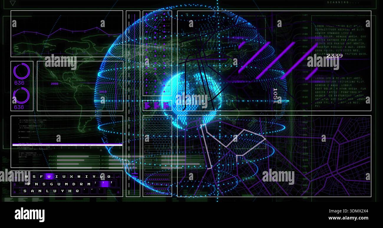 Projecting hologram globe rotating with cyan core, purple arc lines on HUD, with data panels Stock Photo