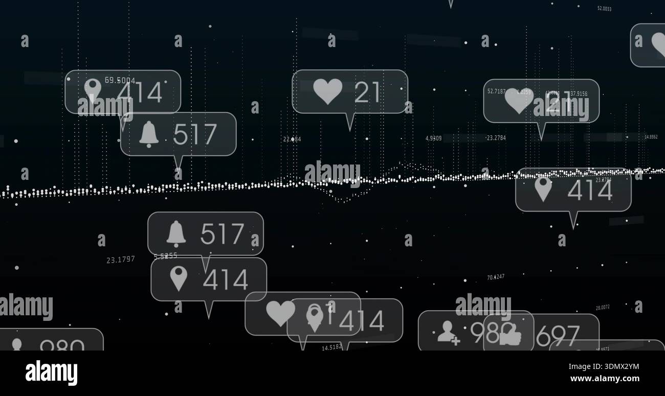 Displaying data overlay with dotted waveform and notification callouts on dark dashboard Stock Photo