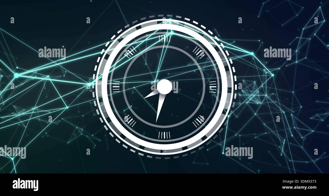 Rotating central circular dial displaying layered rings in abstract network, with triangular hands Stock Photo