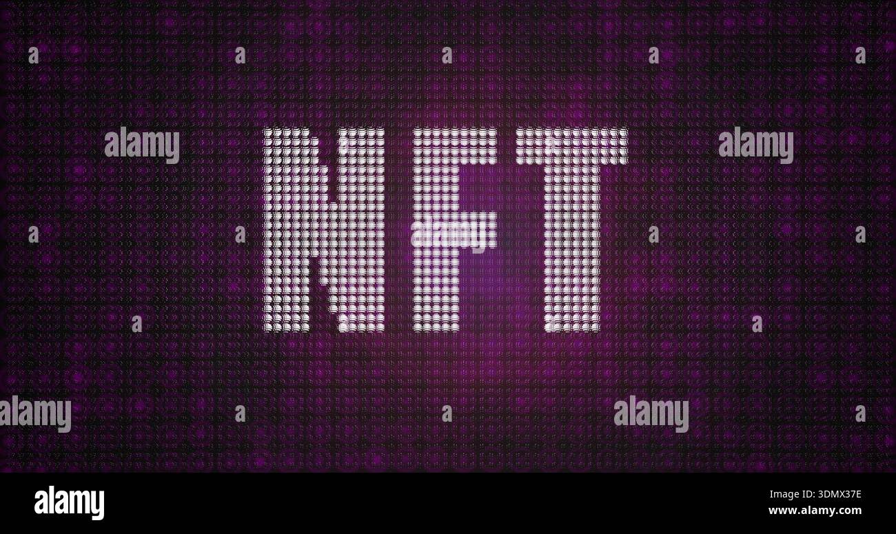 Displaying typographic NFT motif formed from LED dots glowing in digital banner, with magenta glow Stock Photo