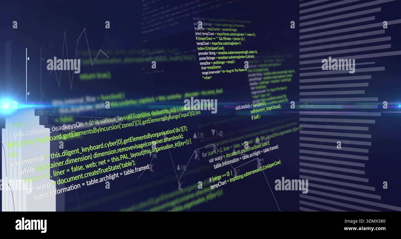 Displaying layered syntax-highlighted code planes floating within virtual UI, with blurred graphs Stock Photo