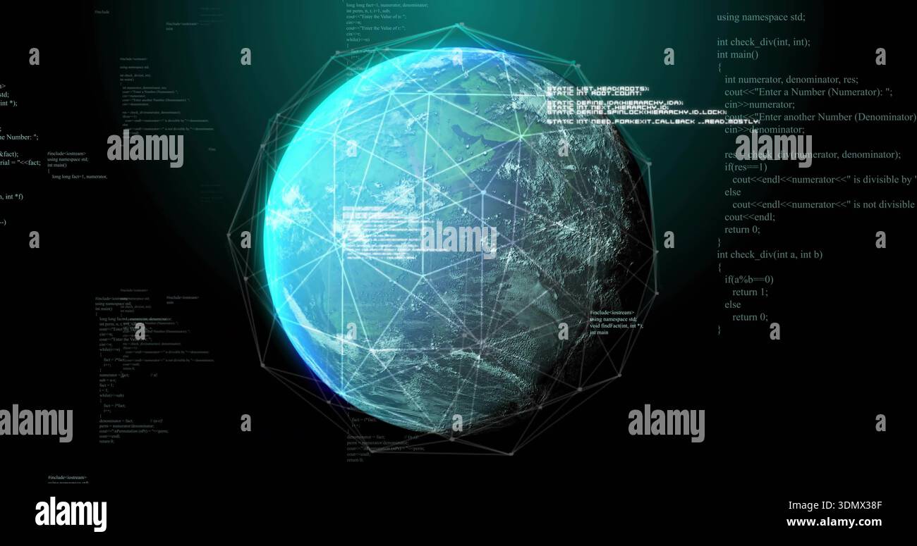 Rotating 3D globe in dark cyberspace, displaying wireframe network, glowing nodes, floating code Stock Photo