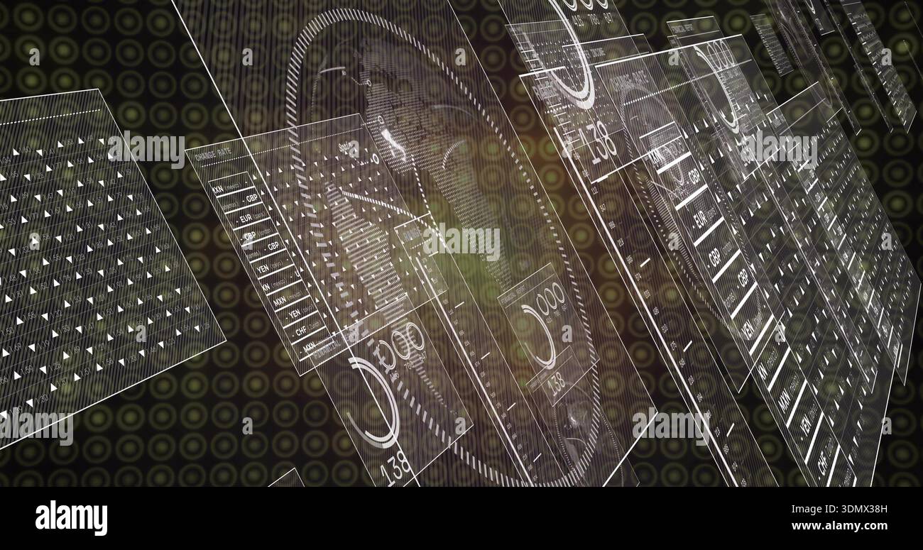 Displaying translucent data panels with circular gauge, left grid and wireframe annotations in HUD Stock Photo