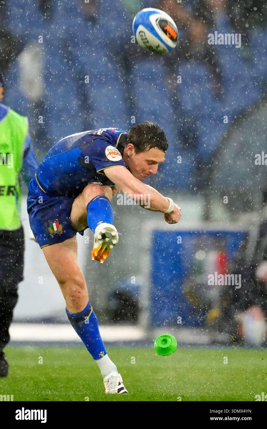 Italy's Paolo Garbisi kicks at goal during the Six Nations rugby match ...