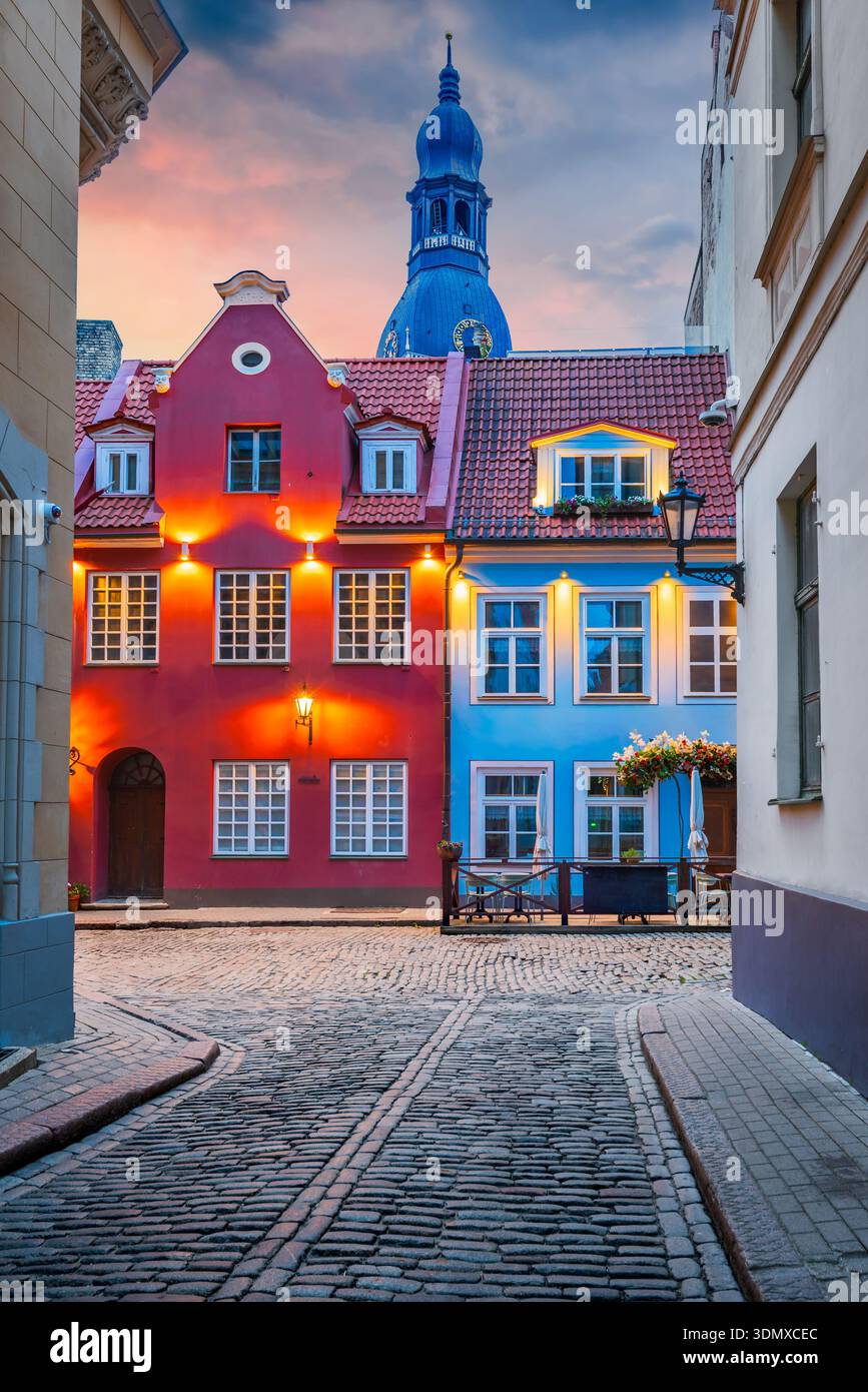 Riga, Letonia. Midnight city lights in downtown and the Cathedral Rigas Dom Stock Photo