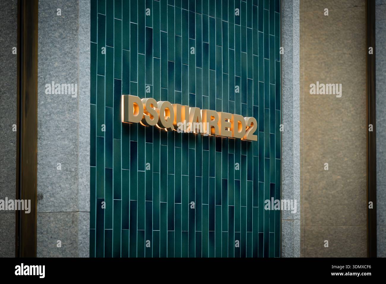 Milan Storefront Led Milan, Italy - 2026, 3 Feb: Sleek Dsquared2 storefront with gold ...