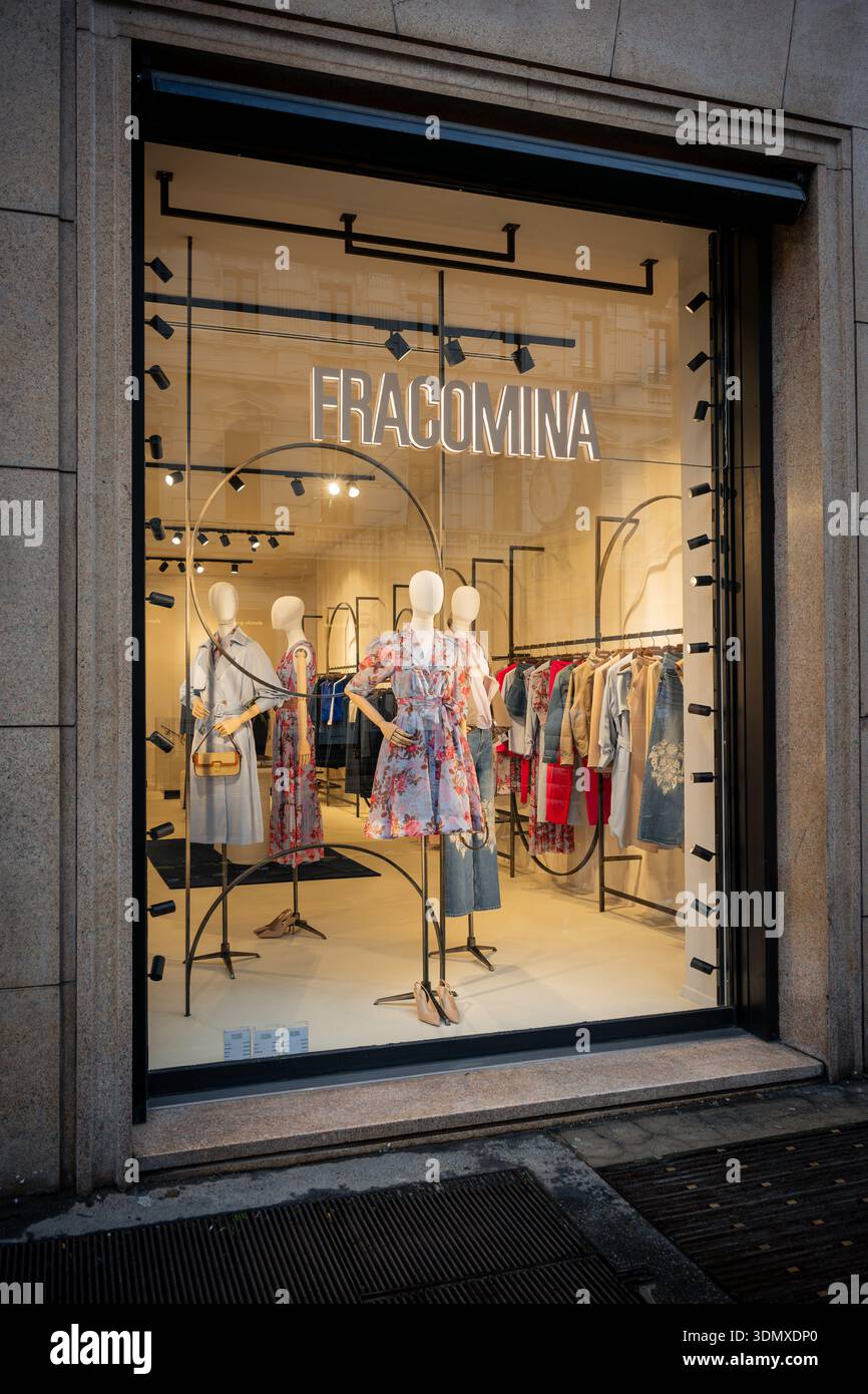 Italian Window Display Milan, Italy - 2026, 3 Feb: Francomina FW25 boutique window displays ...