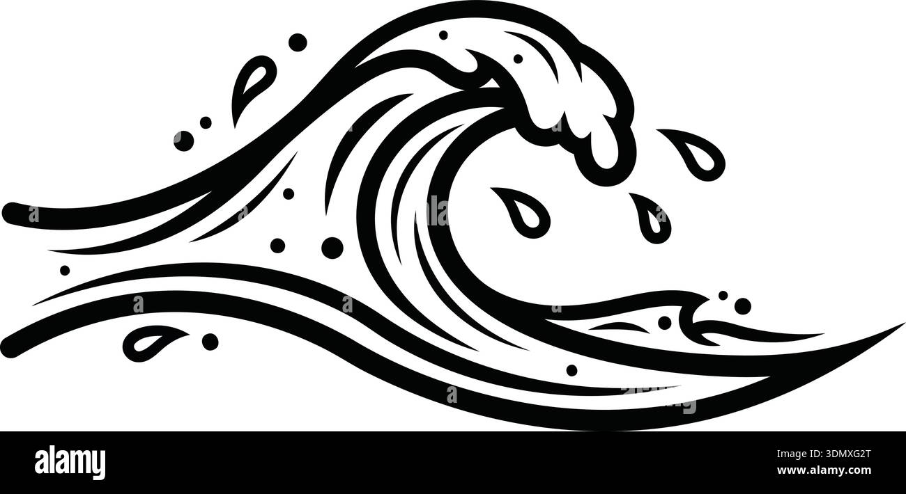 This is a black and white illustration of a dynamic ocean wave. The ...