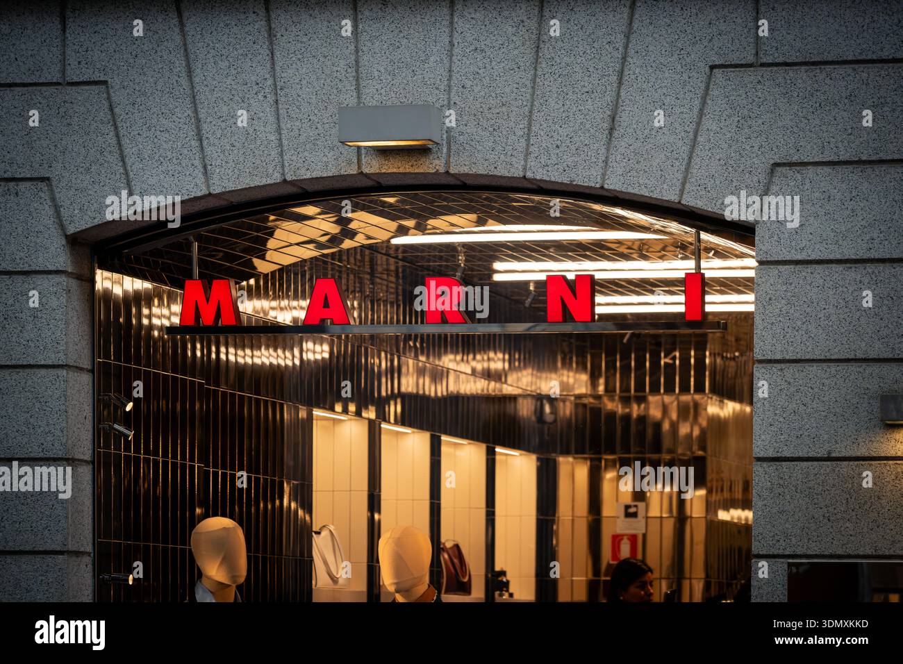 Milan Storefront Led Milan, Italy - 2026, 3 Feb: Marni FW25 storefront with bold red signage ...