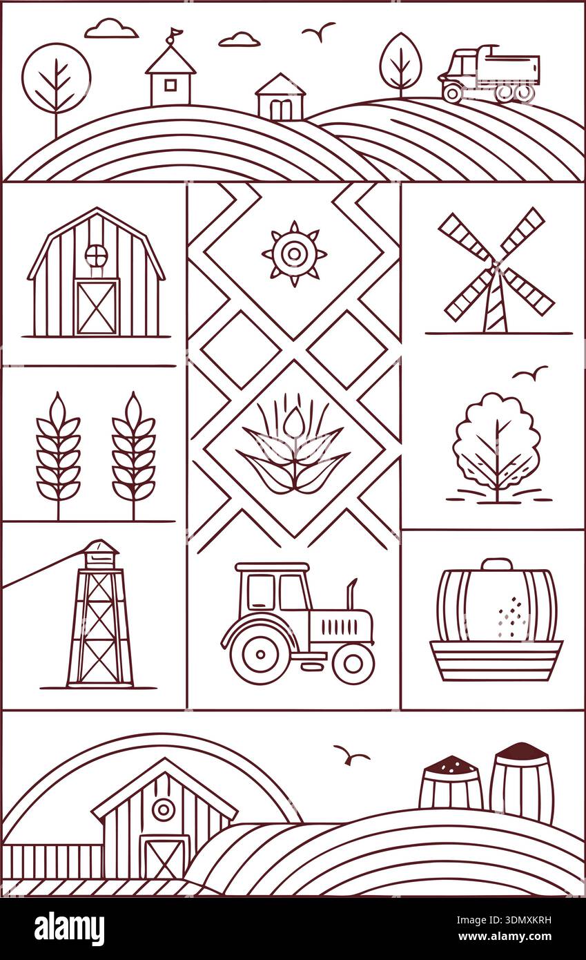 A collection of farm-related icons and scenes presented in a clean ...