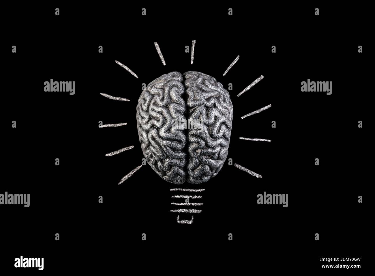 Chalk hand drawn light bulb with human brain inside isolated on black background Stock Photo