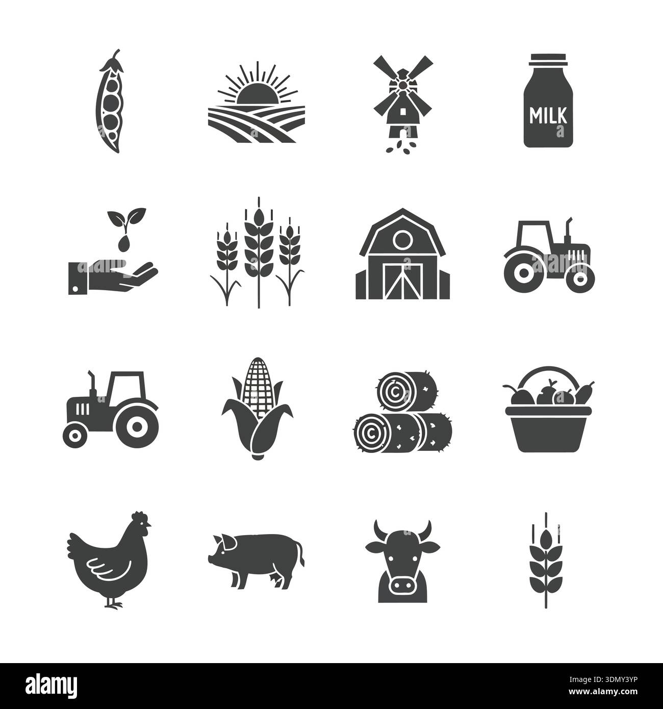 A collection of farm and agriculture icons featuring crops, livestock ...