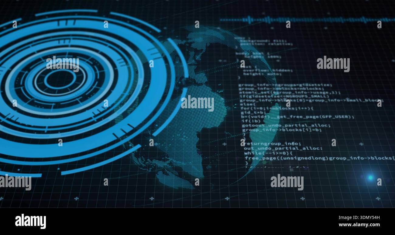 Displaying stylized dotted Earth globe with concentric HUD rings on virtual grid, showing code Stock Photo
