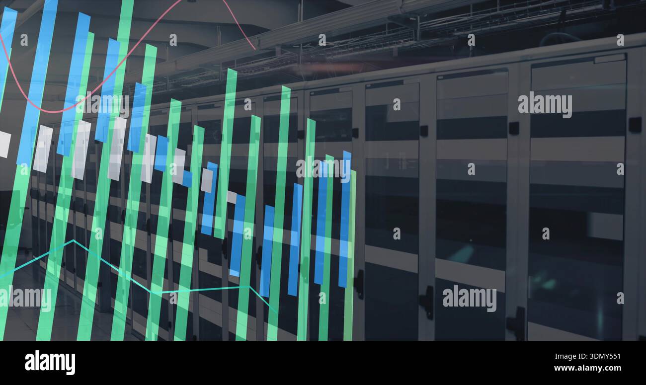 Displaying server racks in server room, featuring overhead cables, LEDs and green blue data overlay Stock Photo