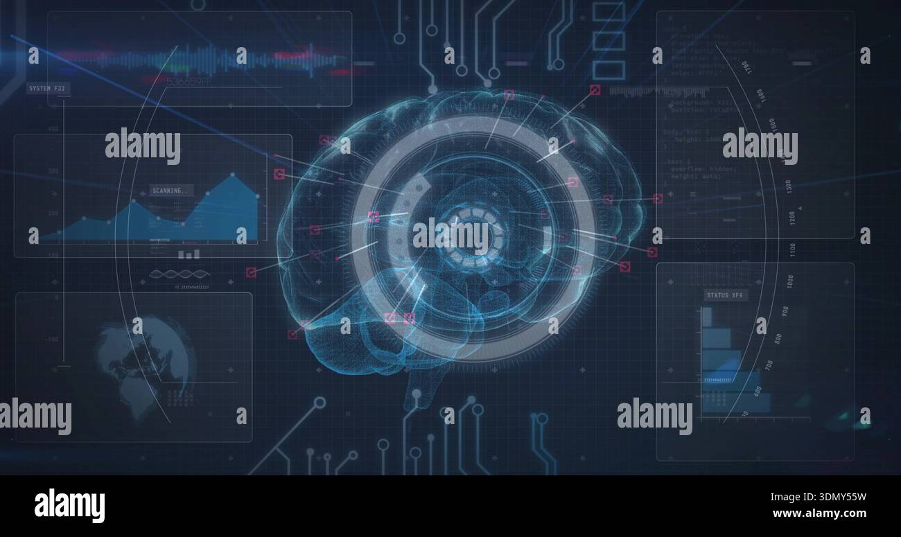 Projecting holographic brain with concentric HUD, radial lines and pink ...