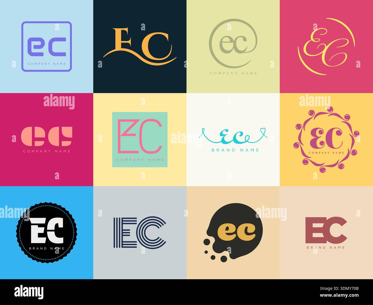 EC logo company template. Letter e and c logotype. Set different classic serif lettering and modern bold text with design elements. Initial font typog Stock Vector