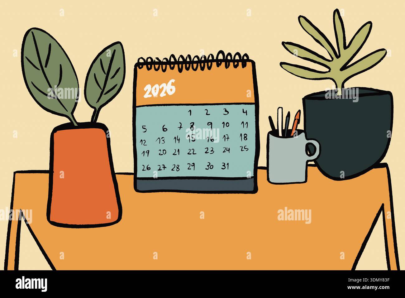 A modern illustration featuring a 2026 calendar on a desk with plants ...
