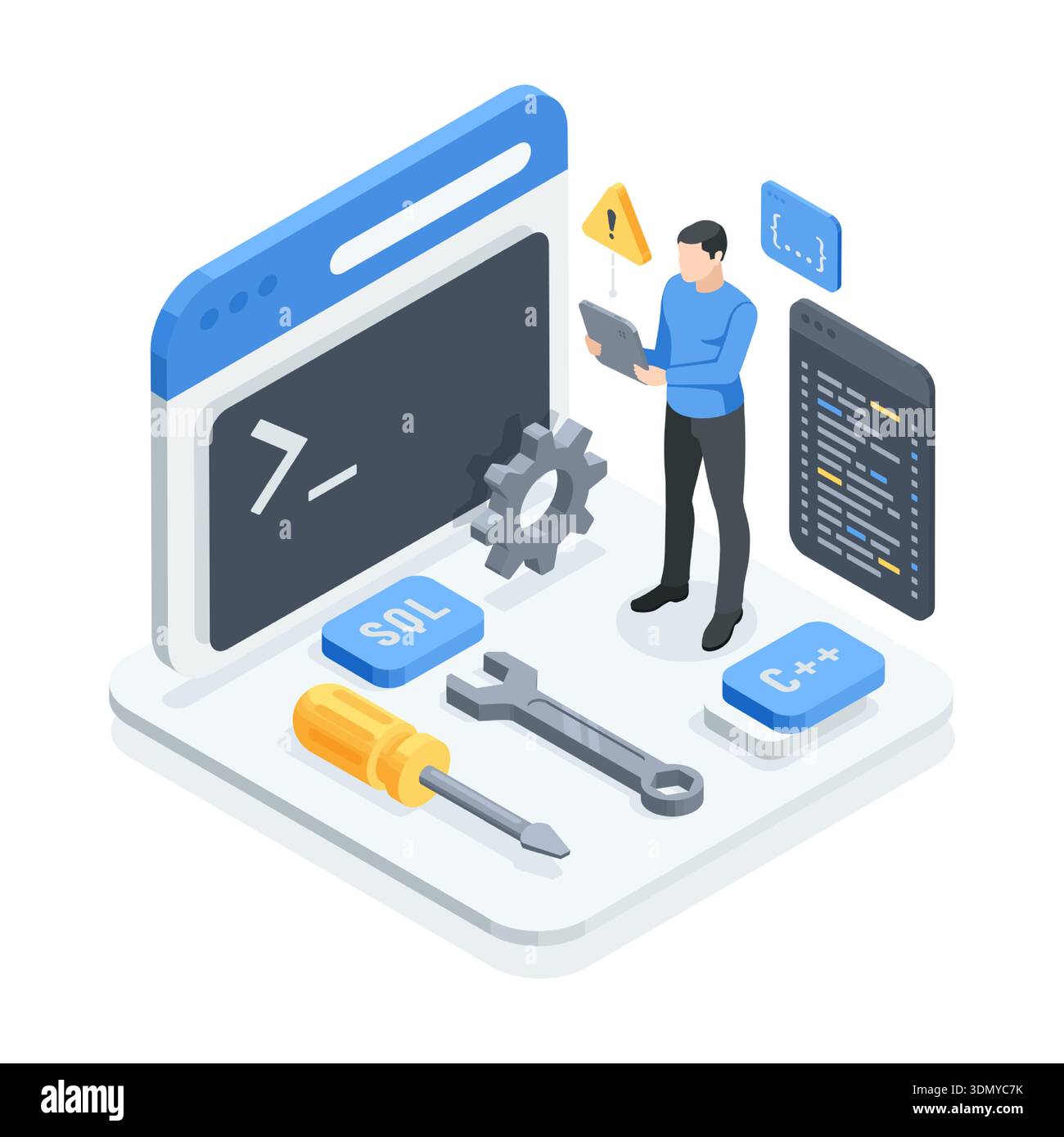 Isometric vector man with a tablet on a platform with program windows and tools, in color on a white background, debugging and configuring software or Stock Vector