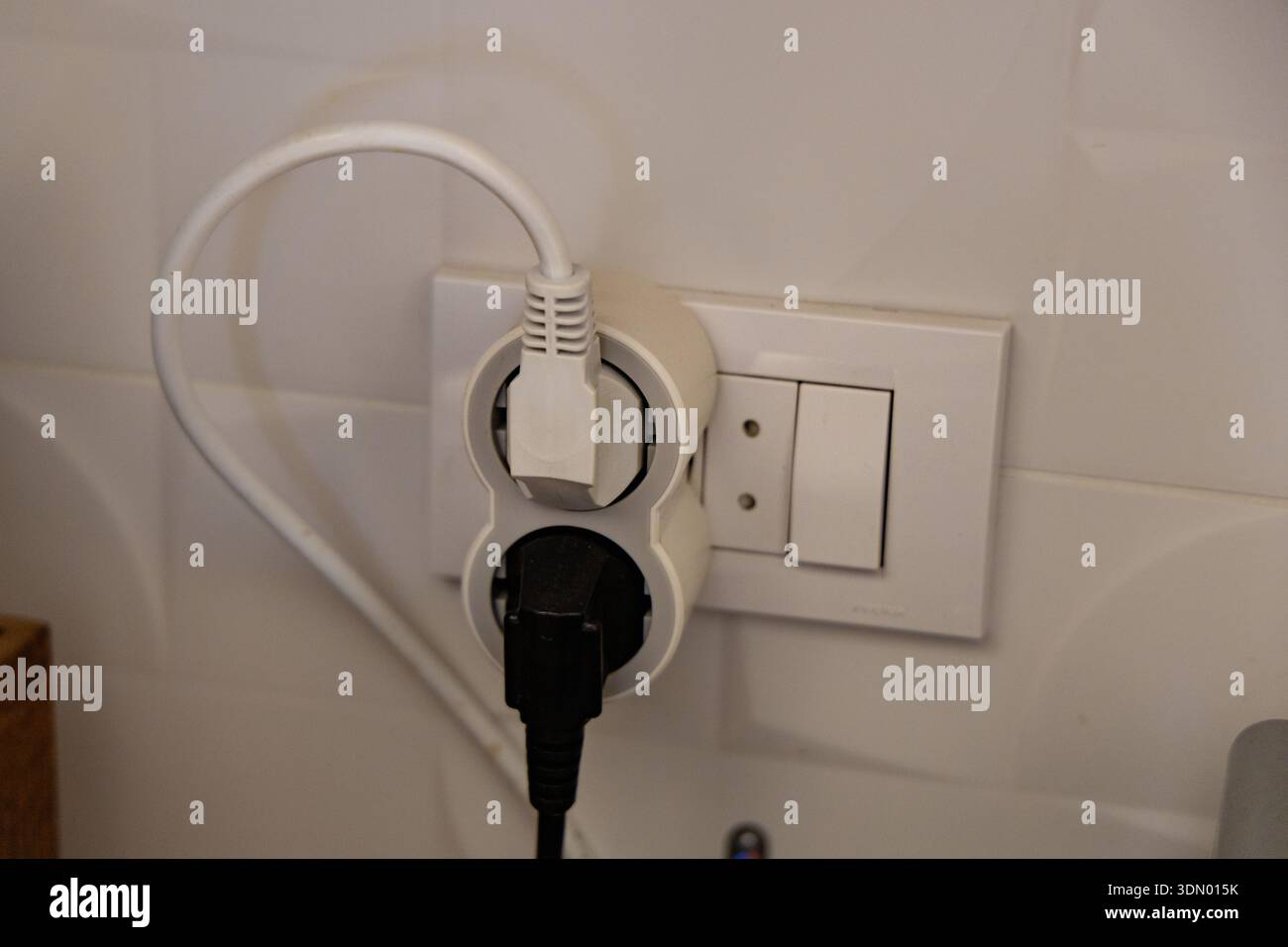 Wall Power Outlet Adapter Connected Cables Stock Photo