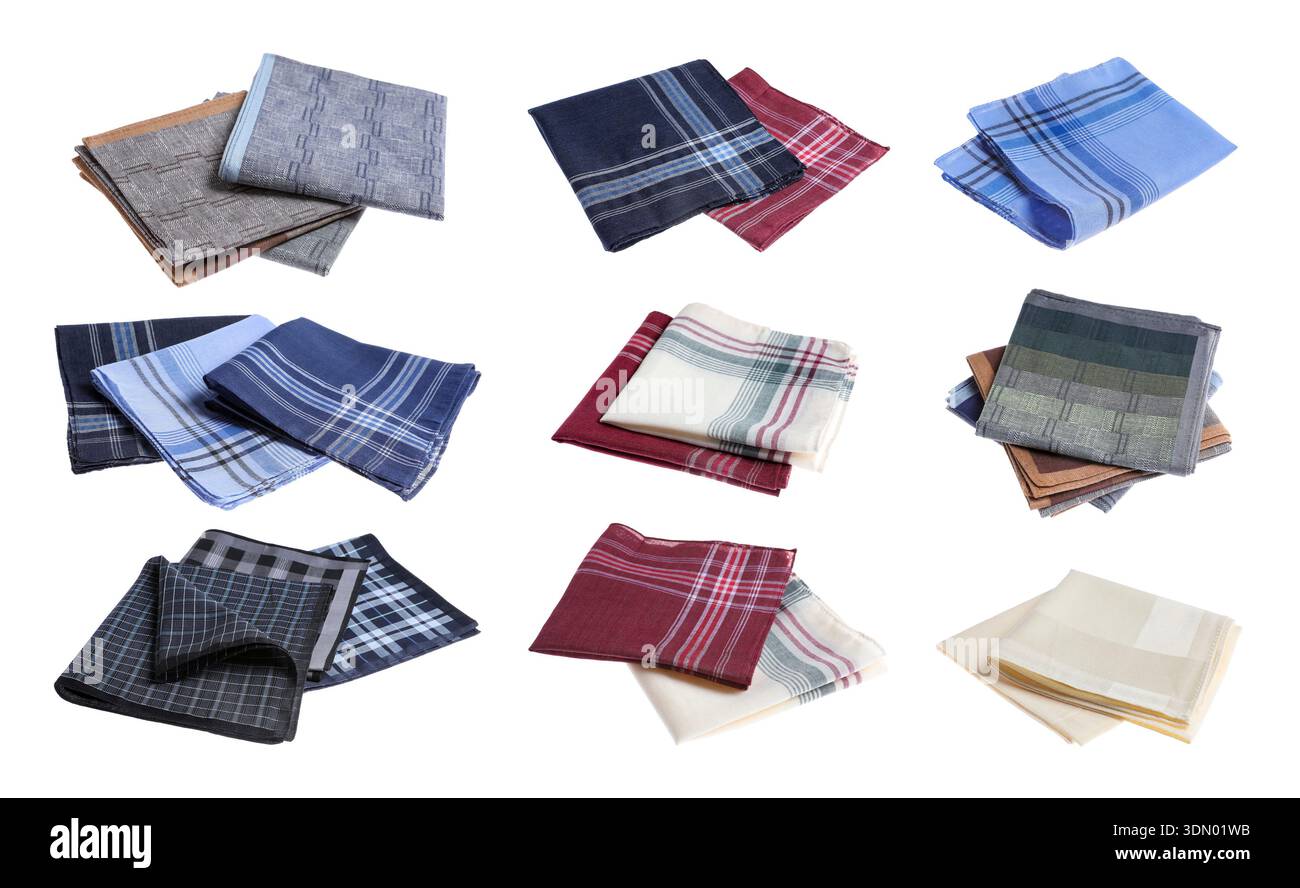 Different fabric handkerchiefs isolated on white, set Stock Photo