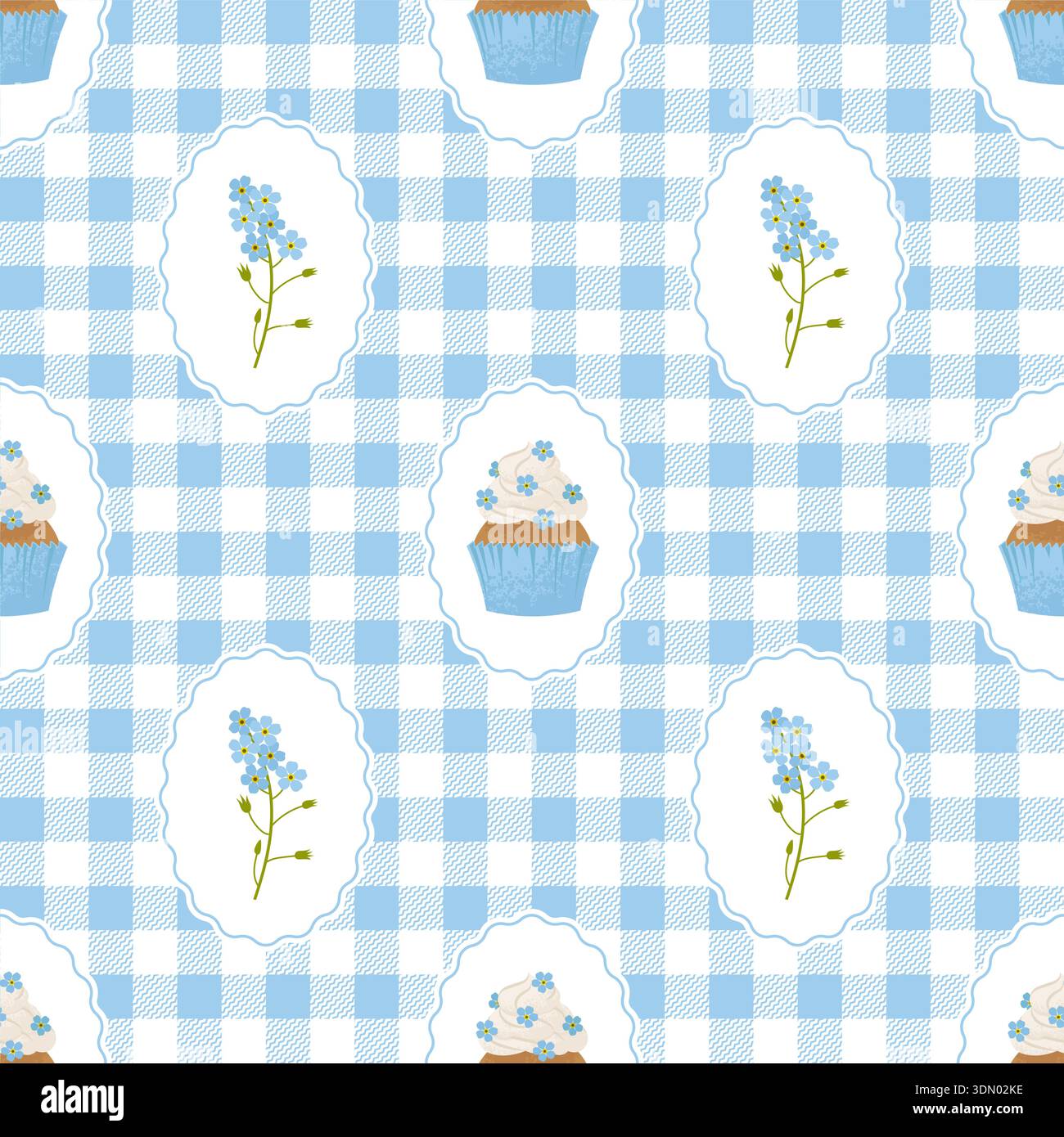 Romantic Rustic Coquette seamless pattern with cupcakes and flowers on a checkered background. Cute Vector illustration. Stock Vector
