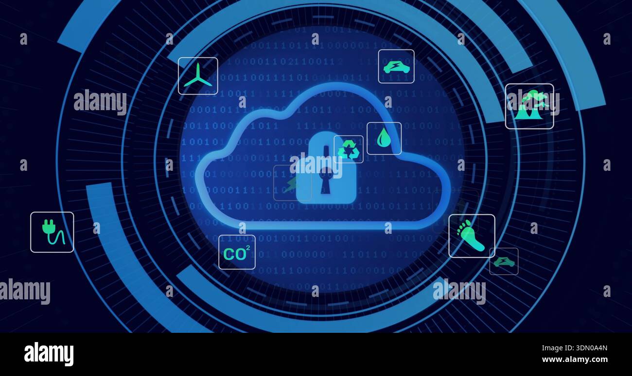 Displaying central cloud padlock on HUD, showing binary code, concentric rings and energy tiles Stock Photo
