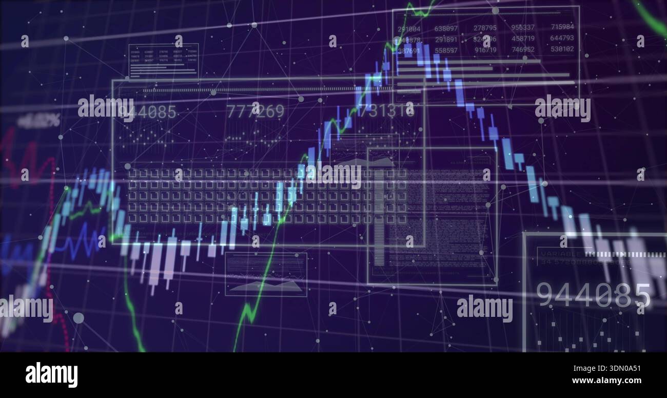 Displaying chart with blue white candlesticks, line graphs, volume bars at virtual terminal HUD Stock Photo