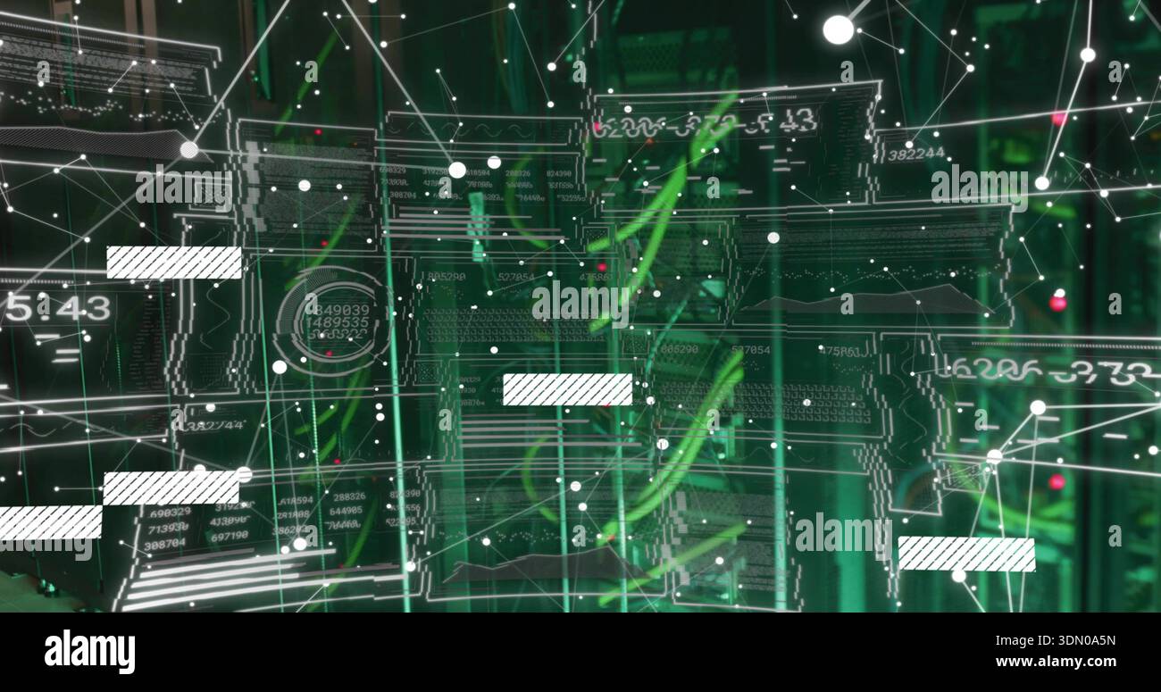 Floating translucent schematic overlaying server room, showing server racks, cables and LED lights Stock Photo